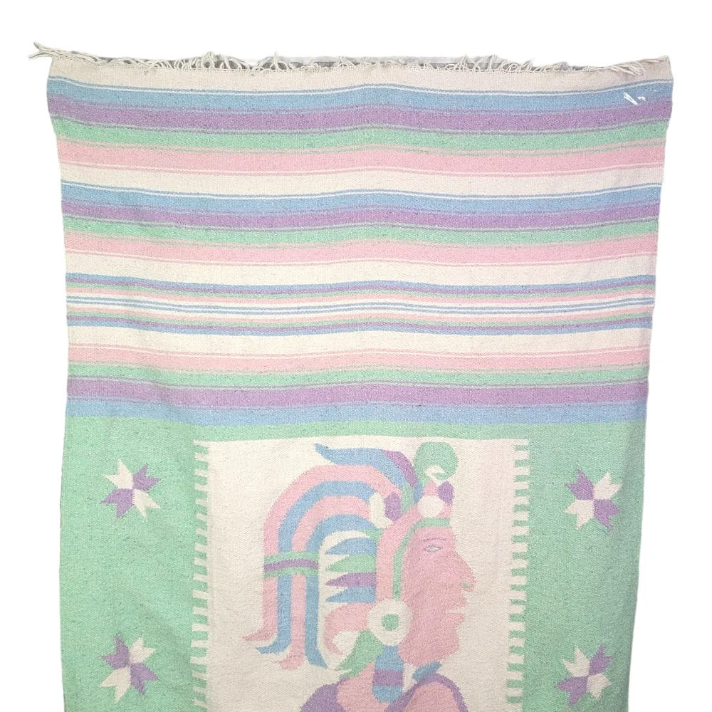 Pastel Striped Aztec Warrior Native American Woven Fringe Saddle Blanket 45x80